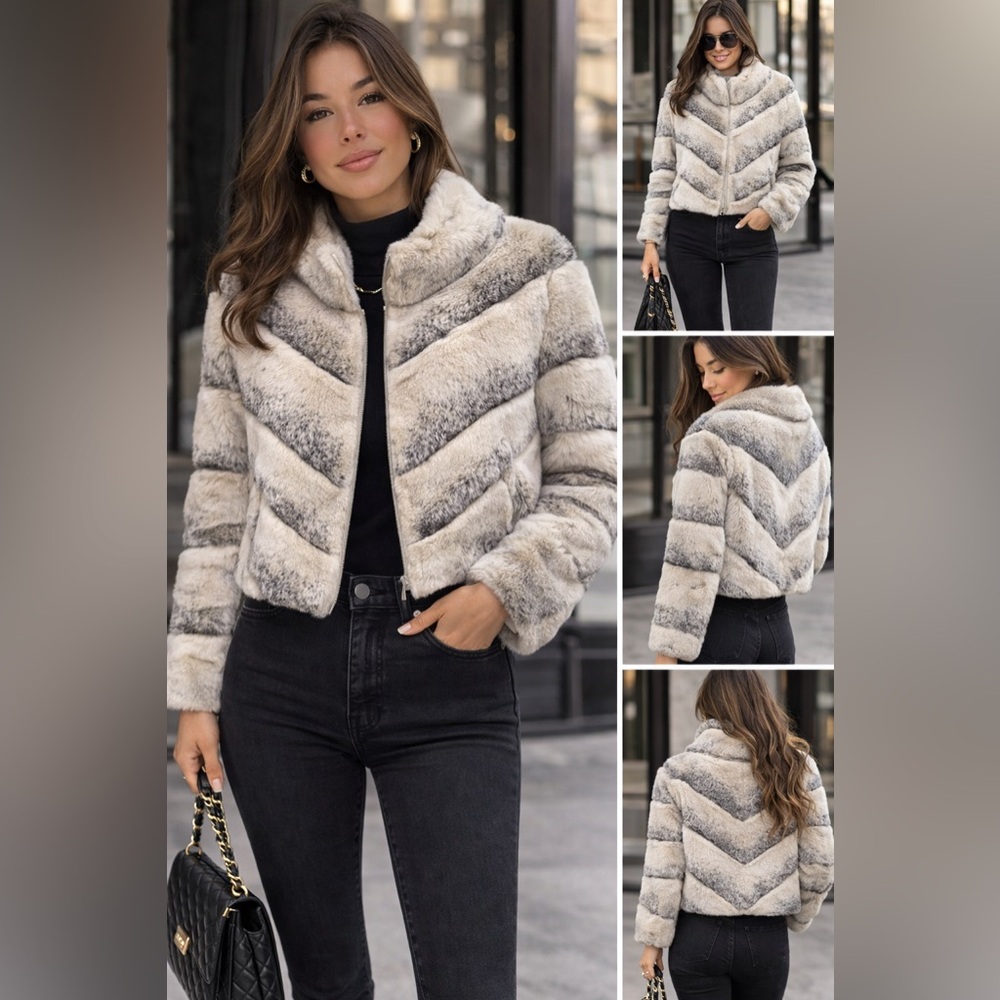Chic Women's Rex Rabbit Jacket - Cream and Gray